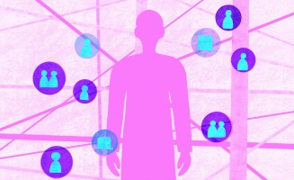 An outline of a person appears at the center in dark pink, with lines extending behind them, and small circles indicating chat message bubbles and other outlined people, both individual and in pairs, swirl around the central figure.