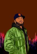 an illustration of a Latino man wearing a hat and a jacket